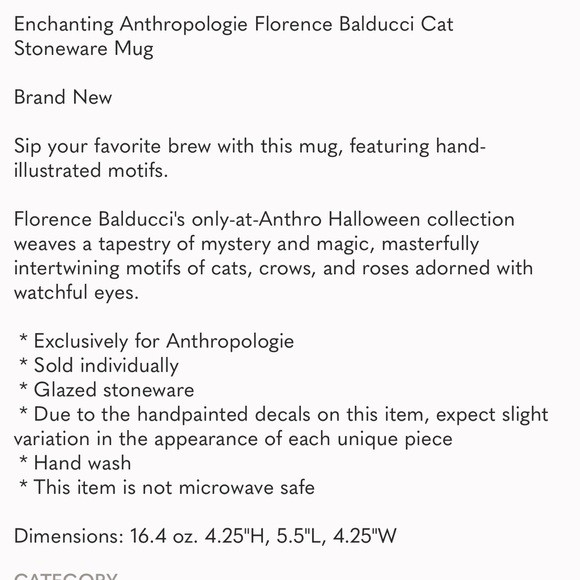 Anthropologie Florence Balducci Mug Black Cat Halloween NEW - Picture 4 of 4